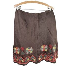 Linen Brown Midi Skirt Floral Embroidery Anne Carson A-Line Skirt Women’s 12